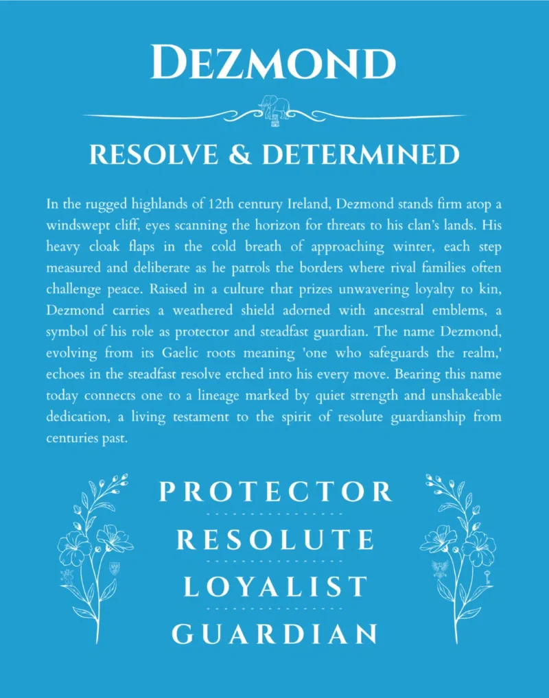 Dezmond custom name art showing meaning and origin in blue
