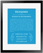 Dezmond custom name art showing meaning and origin in blue with black matte frame
