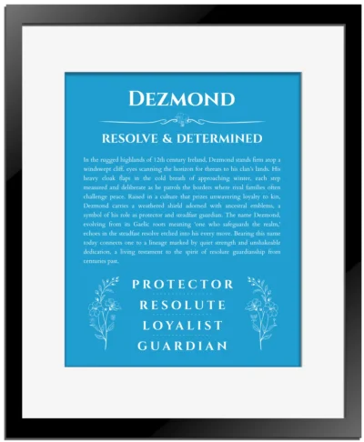 Dezmond custom name art showing meaning and origin in blue with black matte frame