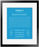 Dhriti personalized wall art with the story of your name in blue with black matte frame