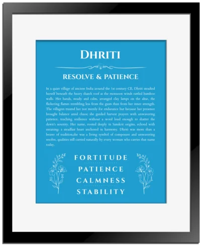 Dhriti personalized wall art with the story of your name in blue with black matte frame
