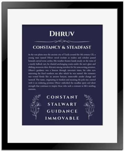 Dhruv name meaning wall art by Get Your Story in navy blue with black matte frame