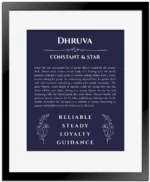 Dhruva name origin print with meaning and traits in navy blue with black matte frame