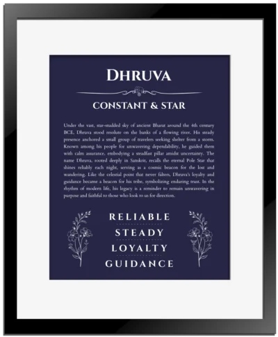Dhruva name origin print with meaning and traits in navy blue with black matte frame