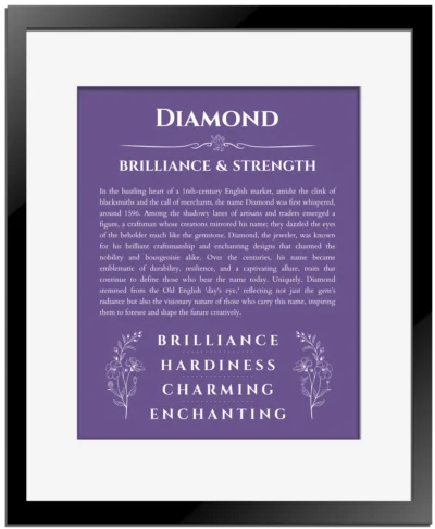 Diamond personalized wall art with the story of your name in purple with black matte frame