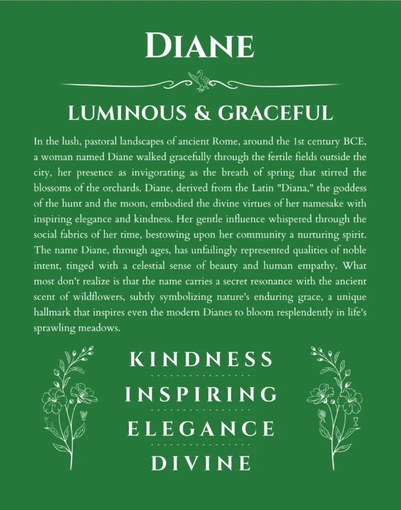 Diane custom name art showing meaning and origin in dark green