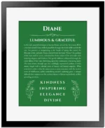 Diane custom name art showing meaning and origin in dark green with black matte frame