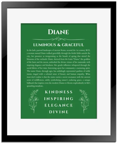 Diane custom name art showing meaning and origin in dark green with black matte frame