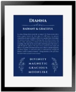 Dianna personalized name art with origin story in deep blue with black matte frame