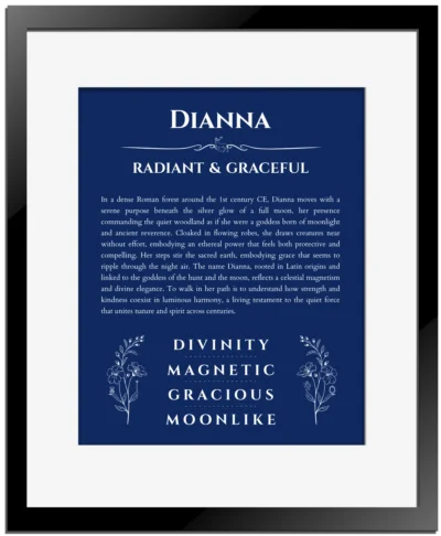 Dianna personalized name art with origin story in deep blue with black matte frame