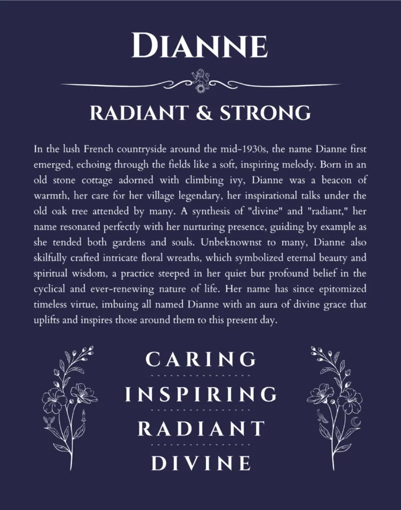 Dianne custom name art showing meaning and origin in navy blue