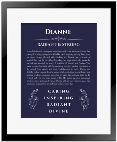 Dianne custom name art showing meaning and origin in navy blue with black matte frame