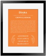 Diara personalized name print with origin and traits in orange with black matte frame