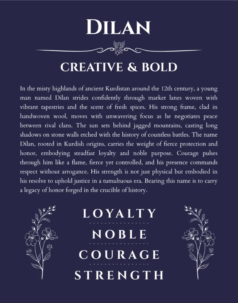 Dilan personalized name art with origin story in navy blue