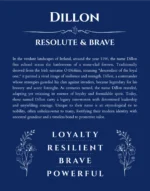 Dillon name origin print with meaning and traits in deep blue