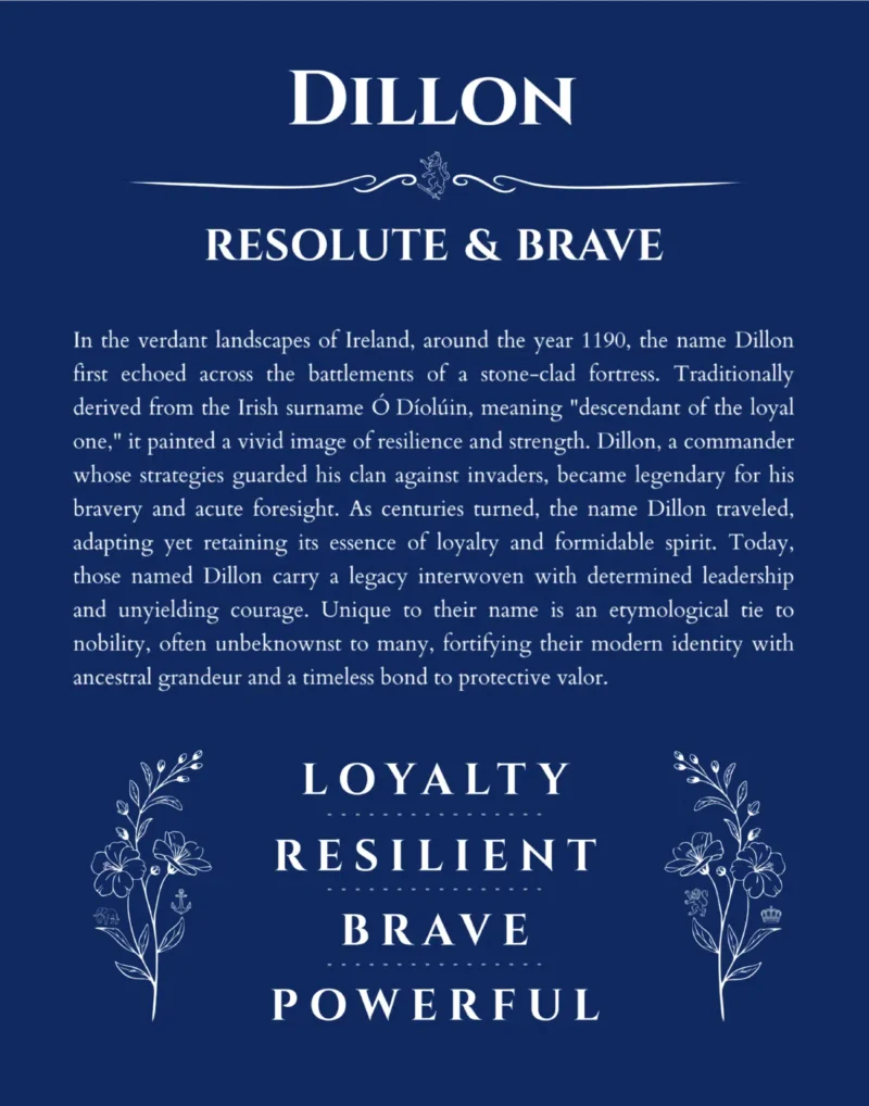 Dillon name origin print with meaning and traits in deep blue