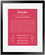 Dinero custom name art showing meaning and origin in red with black matte frame
