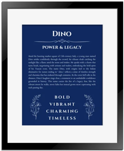 Dino custom name print for wall display in deep blue with black matte frame