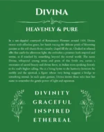 Divina name origin print with meaning and traits in dark green