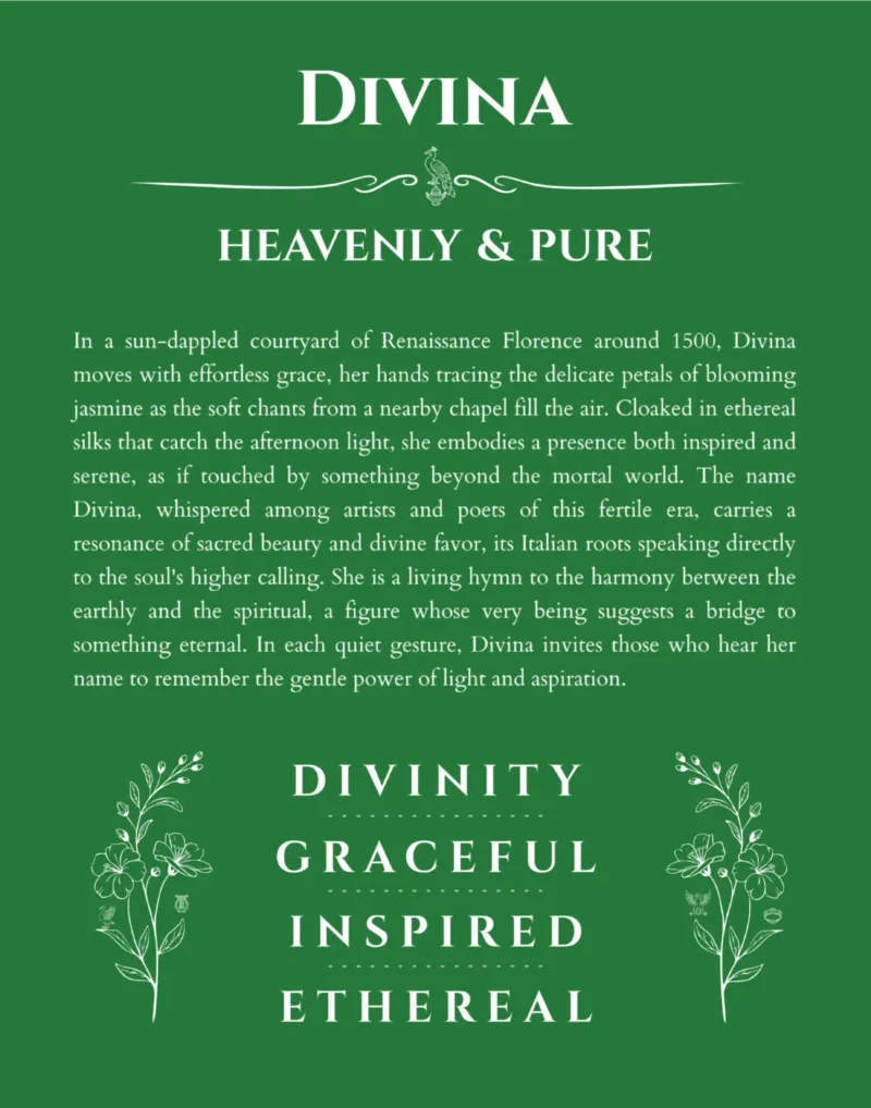 Divina name origin print with meaning and traits in dark green