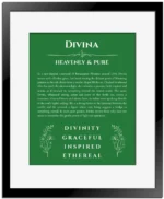 Divina name origin print with meaning and traits in dark green with black matte frame