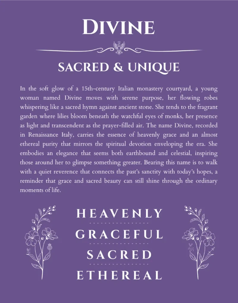 Divine name origin print with meaning and traits in purple
