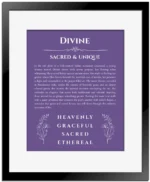 Divine name origin print with meaning and traits in purple with black matte frame