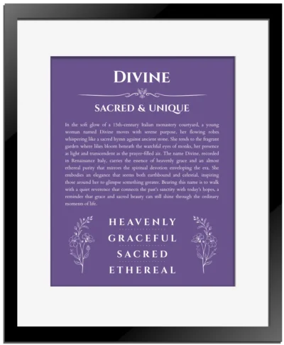 Divine name origin print with meaning and traits in purple with black matte frame