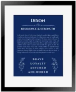 Dixon personalized name meaning print in deep blue with black matte frame