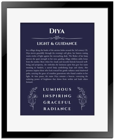 Diya custom name meaning print in navy blue with black matte frame