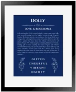 Dolly personalized wall art with the story of your name in deep blue with black matte frame