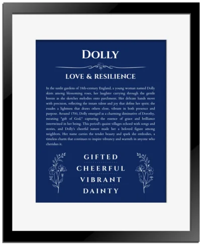 Dolly personalized wall art with the story of your name in deep blue with black matte frame