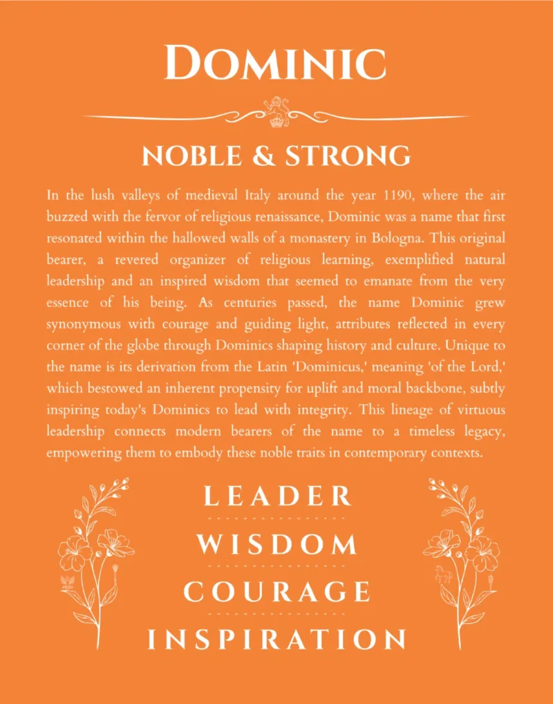 Dominic name origin print with meaning and traits in orange