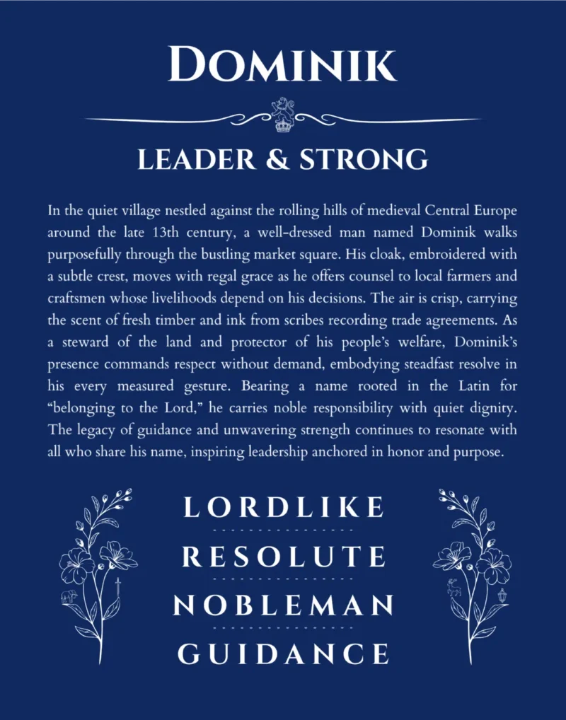 Dominik custom name art showing meaning and origin in deep blue