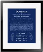 Dominik custom name art showing meaning and origin in deep blue with black matte frame