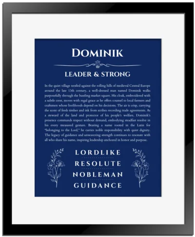 Dominik custom name art showing meaning and origin in deep blue with black matte frame