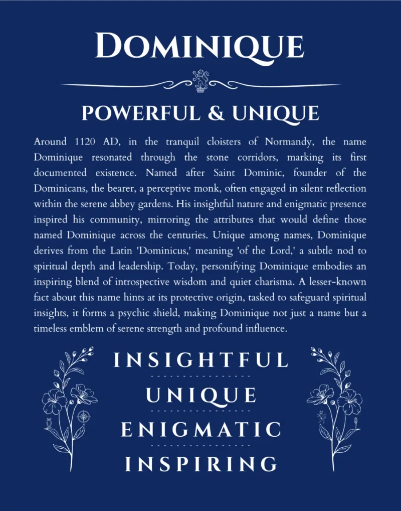 Dominique personalized wall art with the story of your name in deep blue