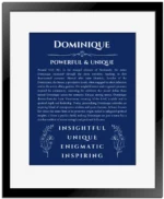 Dominique personalized wall art with the story of your name in deep blue with black matte frame
