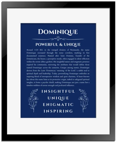 Dominique personalized wall art with the story of your name in deep blue with black matte frame