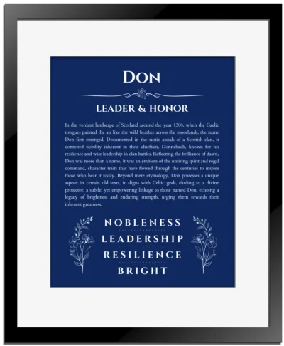 Don personalized name print with origin and traits in deep blue with black matte frame