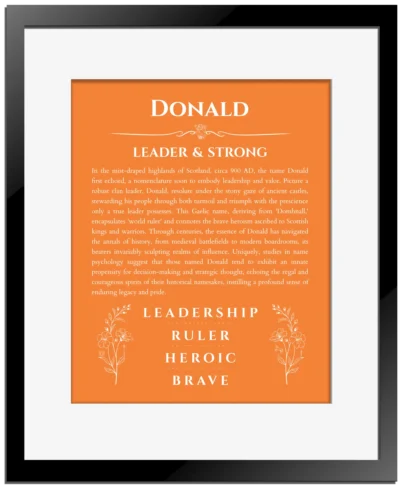 Donald custom name meaning print in orange with black matte frame