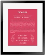 Donna personalized name meaning print in red with black matte frame