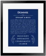 Donnie personalized name print with origin and traits in deep blue with black matte frame