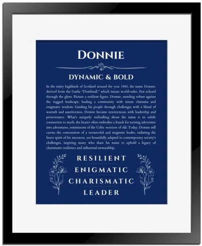 Donnie personalized name print with origin and traits in deep blue with black matte frame