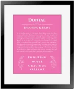 Dontae custom name meaning print in pink with black matte frame