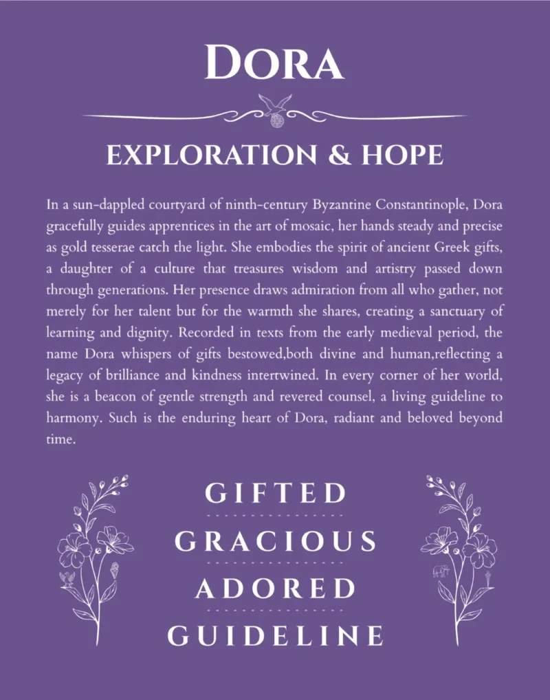 Dora custom name art showing meaning and origin in purple