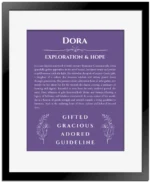 Dora custom name art showing meaning and origin in purple with black matte frame