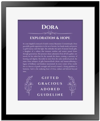 Dora custom name art showing meaning and origin in purple with black matte frame