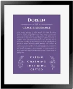 Doreen personalized name meaning print in purple with black matte frame