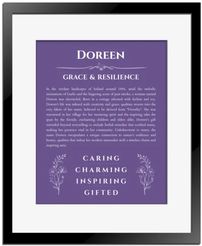 Doreen personalized name meaning print in purple with black matte frame